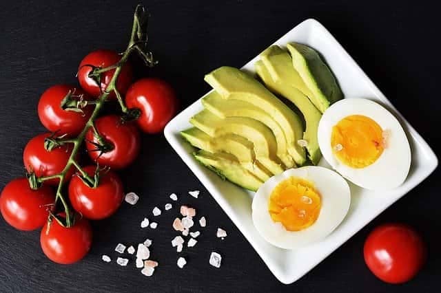A keto diet comprising tomatoes, avocados, and eggs
