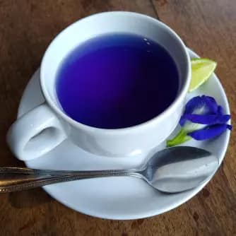 A cup of blue tea with a fresh butterfly pea flower, lemon wedge, and metallic spoon